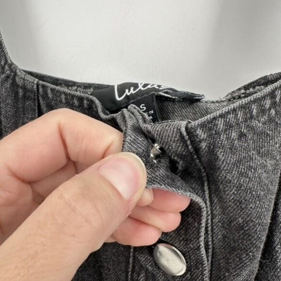 Lulus Corra Denim Mini Dress S Washed Black Button Front Jean Jumper Square Neck - Picture 5 of 12